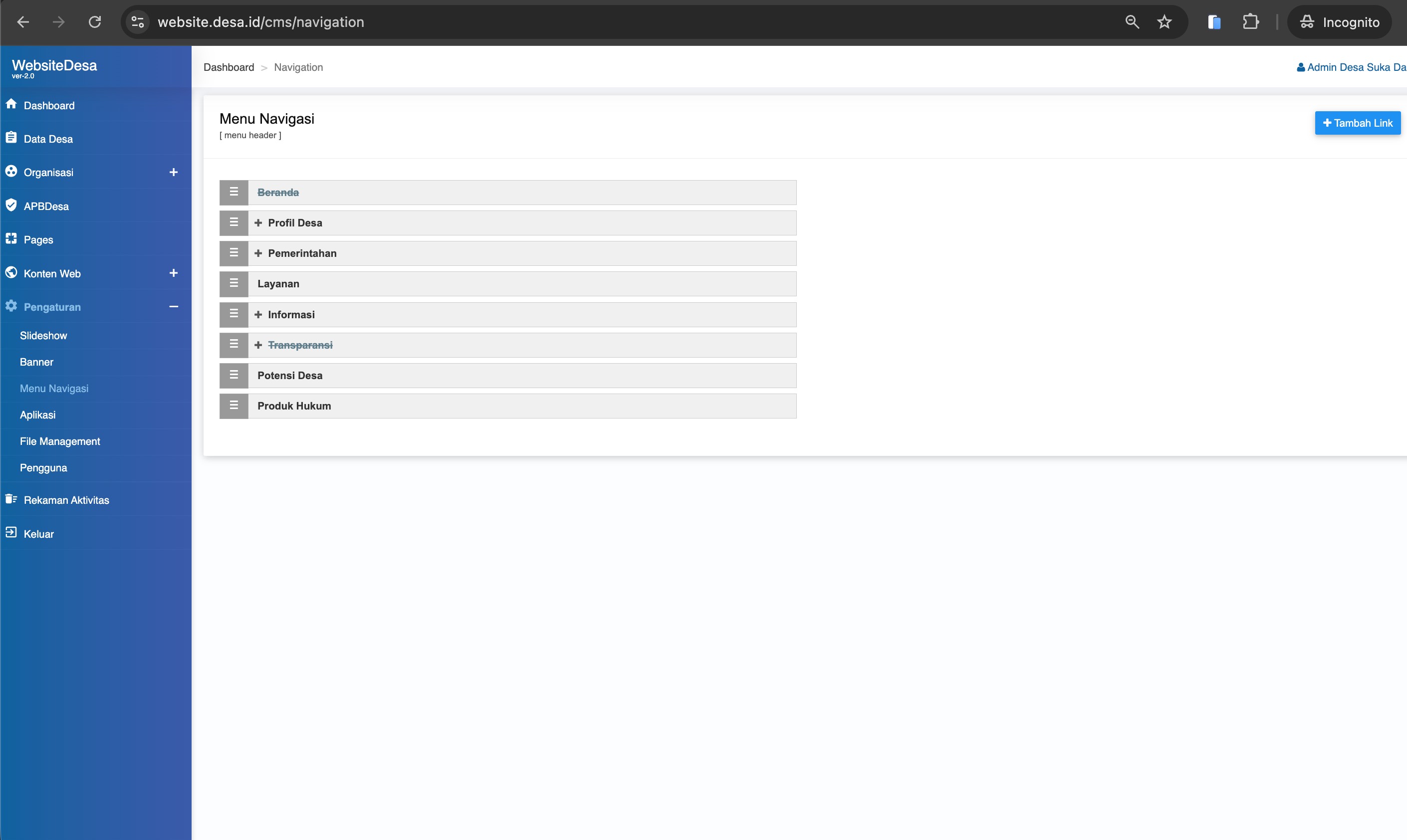 Screenshot Daftar Menu Navigasi